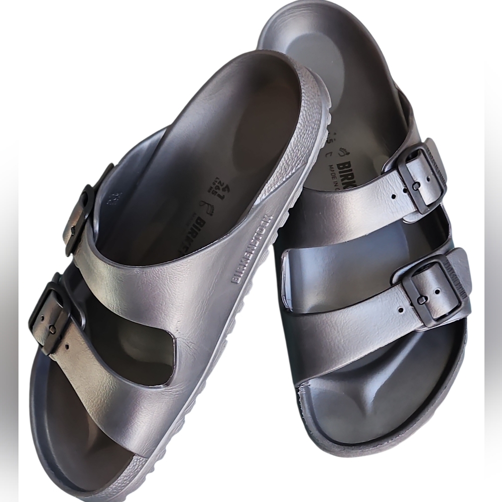 Birkenstock Arizona Essentials Metallic Silver Double Strap W 10 EVA Sandals